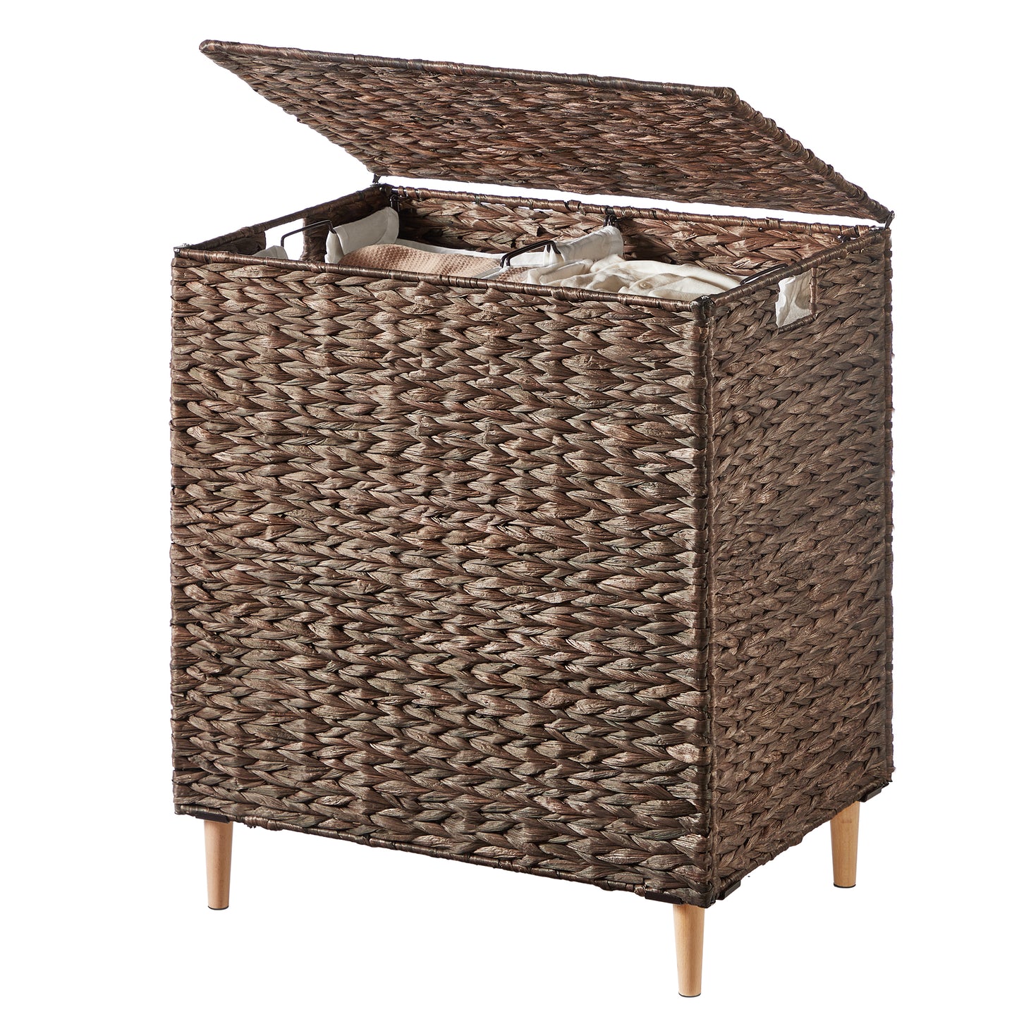 2-Section Handwoven Water Hyacinth Laundry Hamper with Lid, 34.3 Gal Wicker Basket, Removable Washable Liners, Espresso