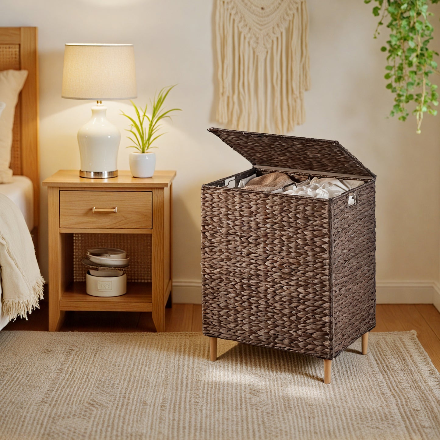 2-Section Handwoven Water Hyacinth Laundry Hamper with Lid, 34.3 Gal Wicker Basket, Removable Washable Liners, Espresso