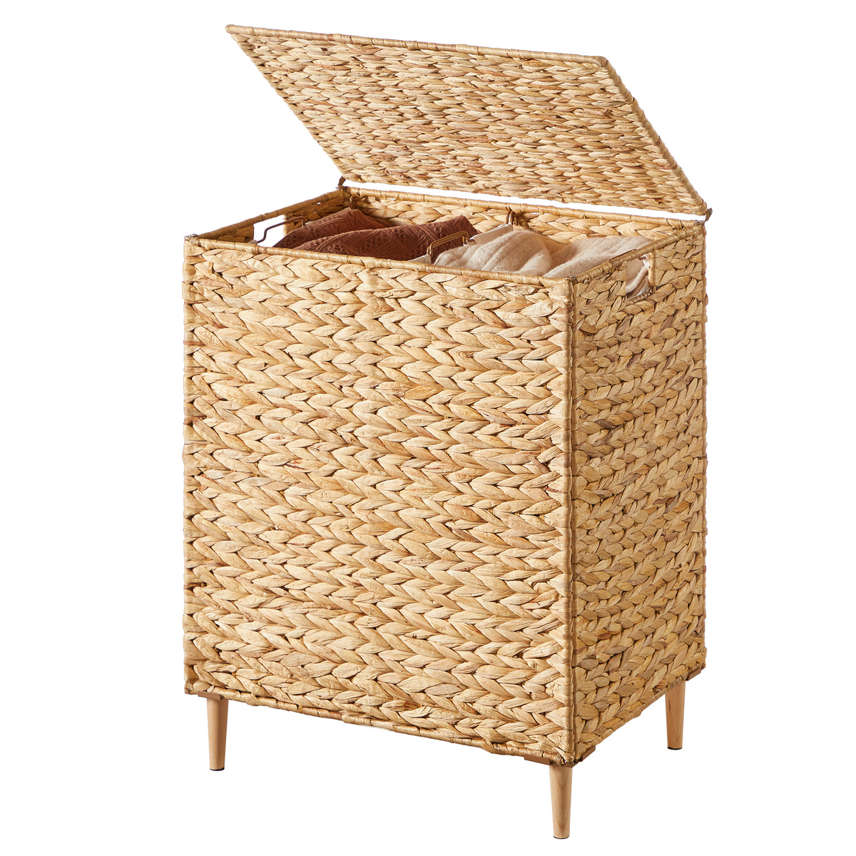 2-Section Handwoven Water Hyacinth Laundry Hamper with Lid, 34.3 Gal Wicker Basket, Removable Washable Liners, Natural
