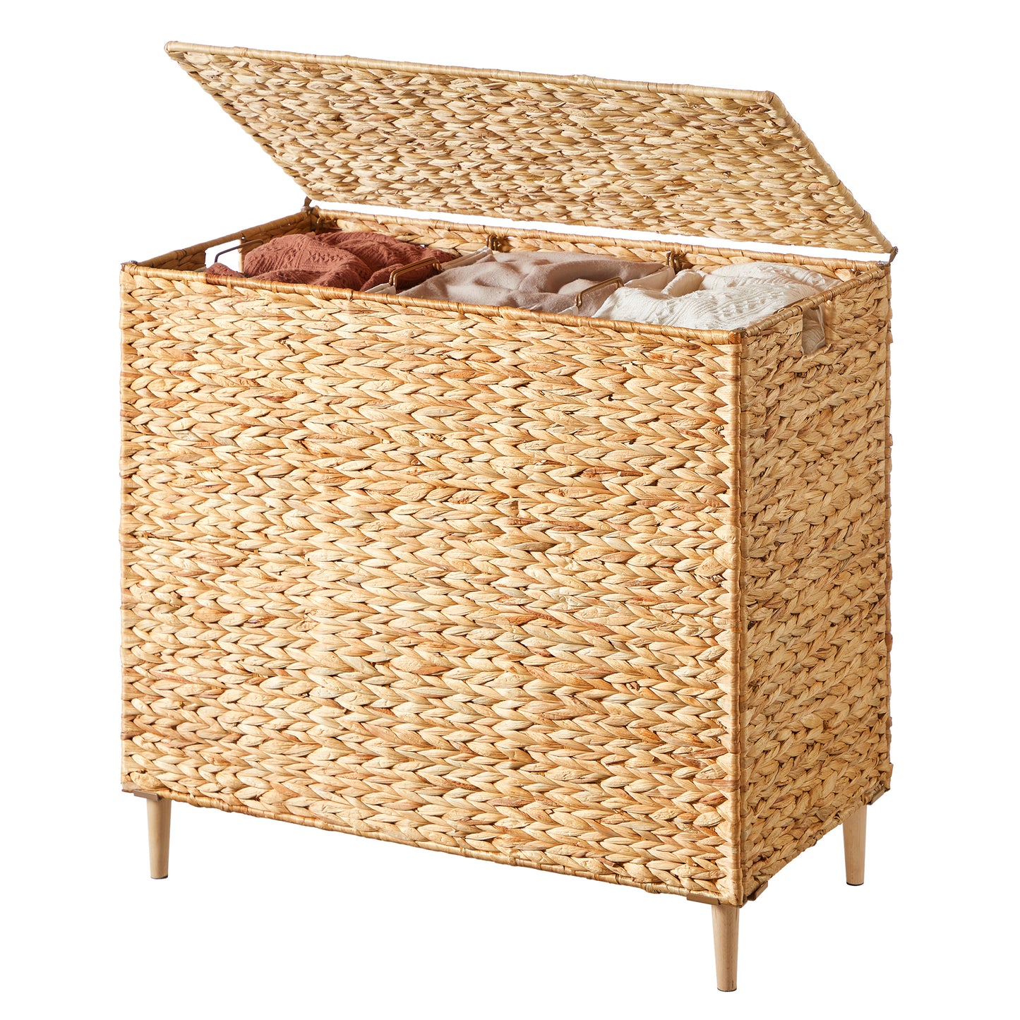 3-Section Handwoven Water Hyacinth Laundry Hamper with Lid, 47.5 Gal Wicker Basket, Removable Washable Liners, Natural