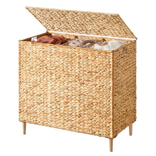 3-Section Handwoven Water Hyacinth Laundry Hamper with Lid, 47.5 Gal Wicker Basket, Removable Washable Liners, Natural