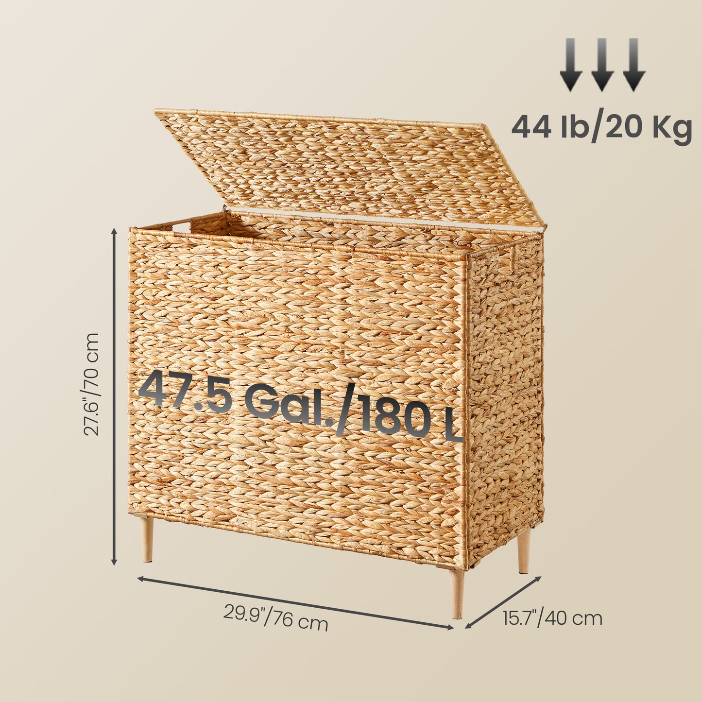 3-Section Handwoven Water Hyacinth Laundry Hamper with Lid, 47.5 Gal Wicker Basket, Removable Washable Liners, Natural