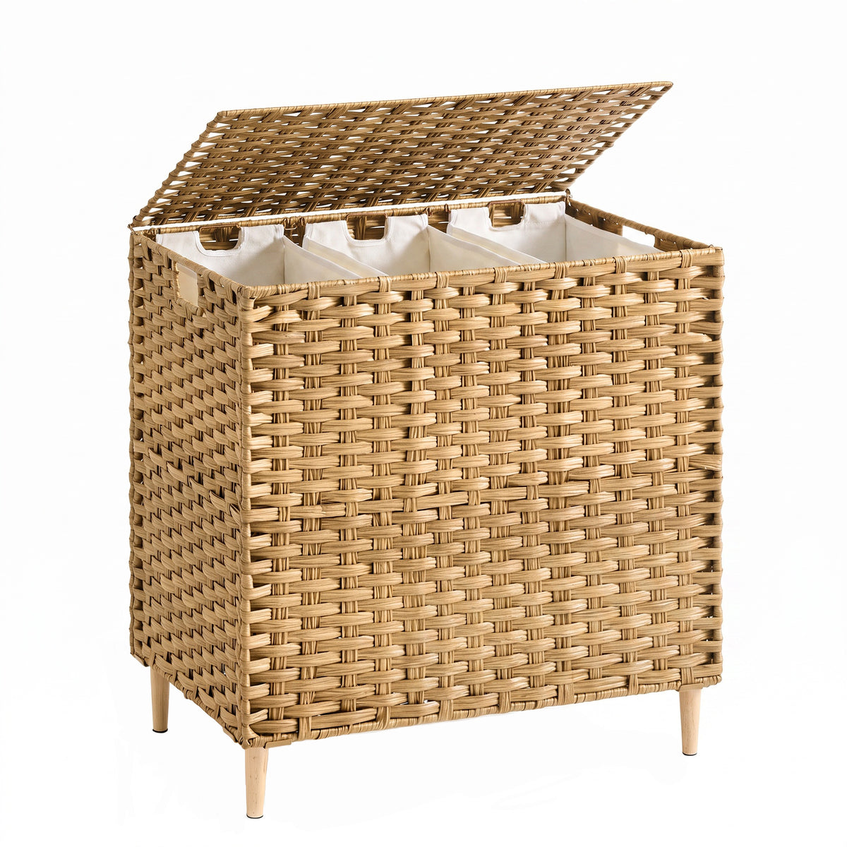 LEDREM Laundry Hamper with Lid, 4-Section PE Rattan Basket, 55.4 Gal., 26 x 15.7 x 27.6 Inches, Yellow and White