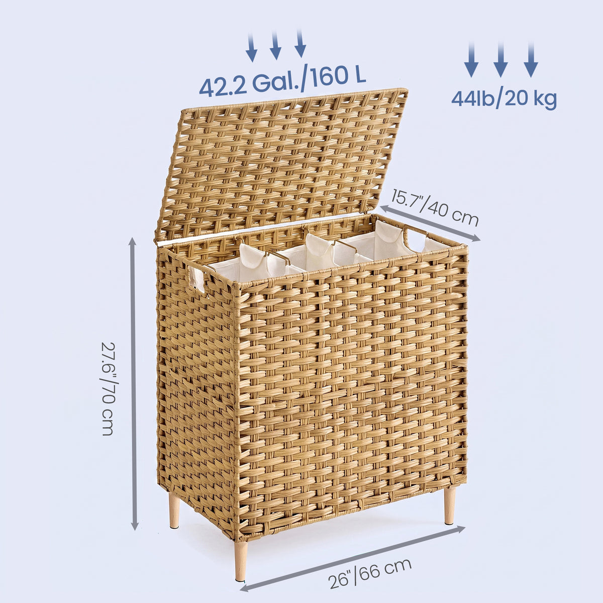 LEDREM Laundry Hamper with Lid, 4-Section PE Rattan Basket, 55.4 Gal., 26 x 15.7 x 27.6 Inches, Yellow and White