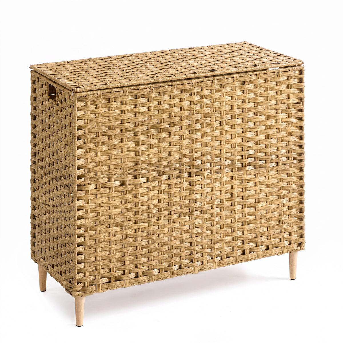 LEDREM Laundry Hamper with Lid, 4-Section PE Rattan Basket, 55.4 Gal., 33.9 x 15.7 x 27.6 Inches, Yellow and White