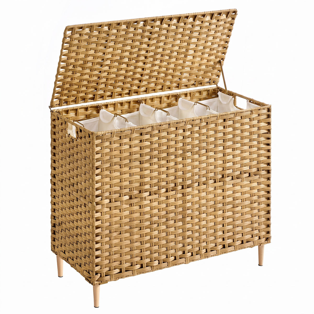 LEDREM Laundry Hamper with Lid, 4-Section PE Rattan Basket, 55.4 Gal., 33.9 x 15.7 x 27.6 Inches, Yellow and White