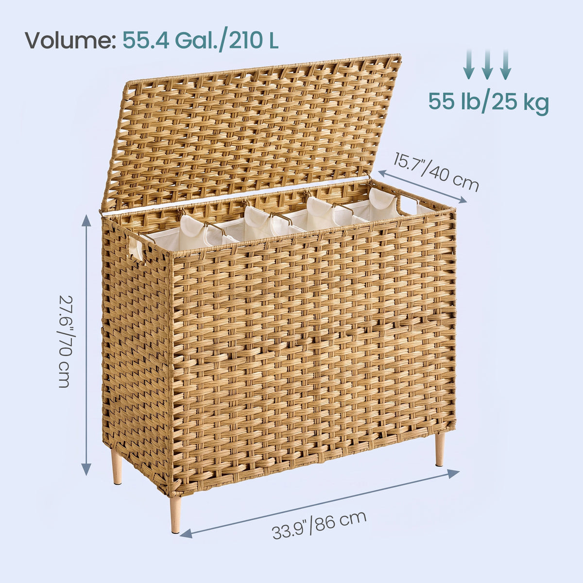 LEDREM Laundry Hamper with Lid, 4-Section PE Rattan Basket, 55.4 Gal., 33.9 x 15.7 x 27.6 Inches, Yellow and White