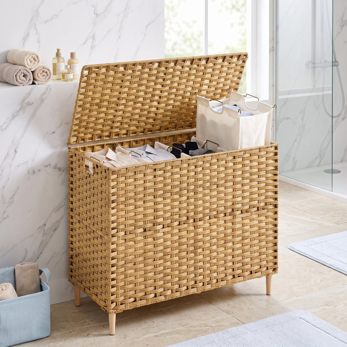 LEDREM Laundry Hamper with Lid, 4-Section PE Rattan Basket, 55.4 Gal., 33.9 x 15.7 x 27.6 Inches, Yellow and White