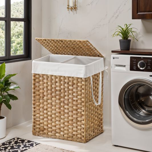 Double-Section Laundry Hamper with Lid - 90L Capacity, 2 Removable Washable Liners, 6 Mesh Bags, Steel Frame & Wicker for Bathroom, Natural