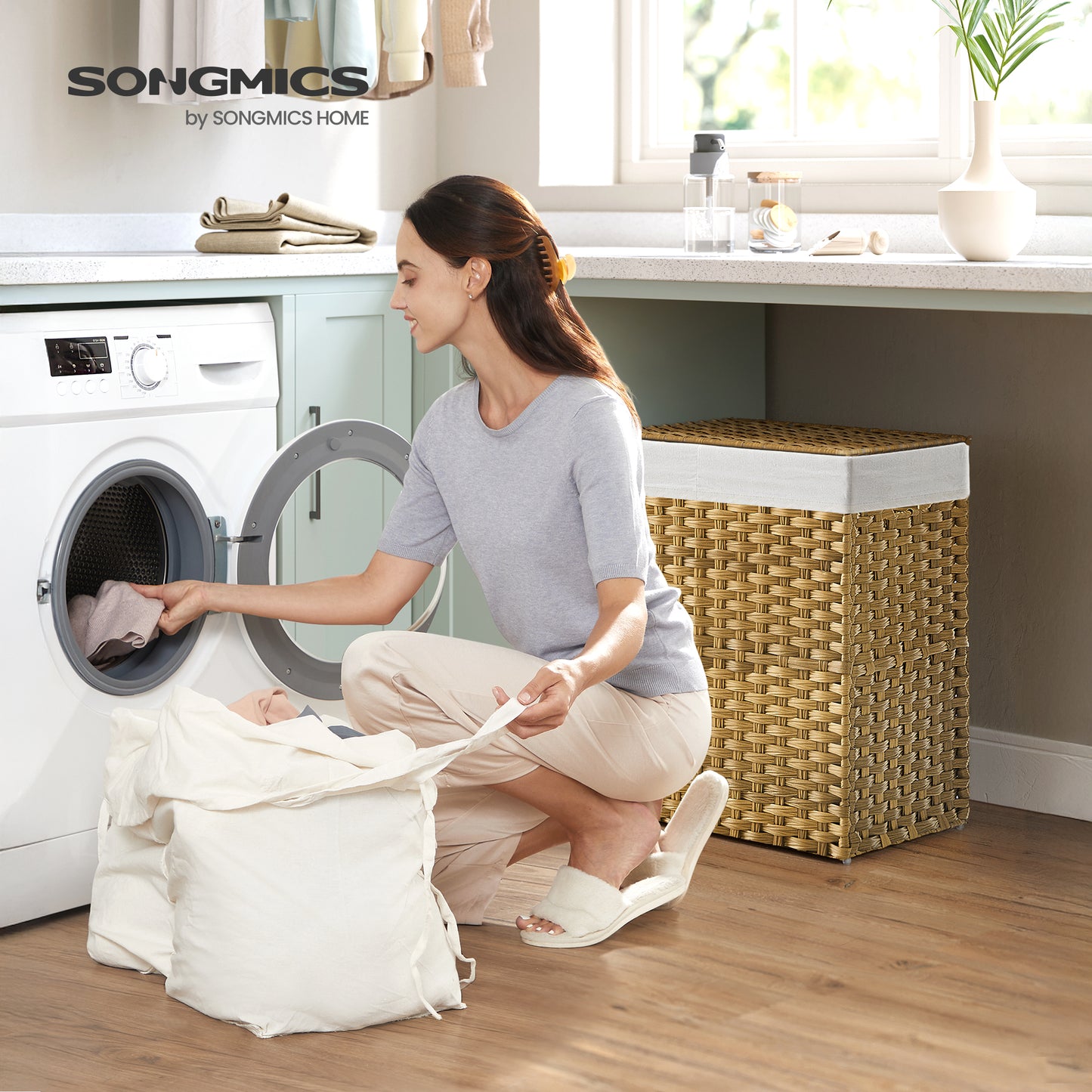 Double-Section Laundry Hamper with Lid - 90L Capacity, 2 Removable Washable Liners, 6 Mesh Bags, Steel Frame & Wicker for Bathroom, Natural