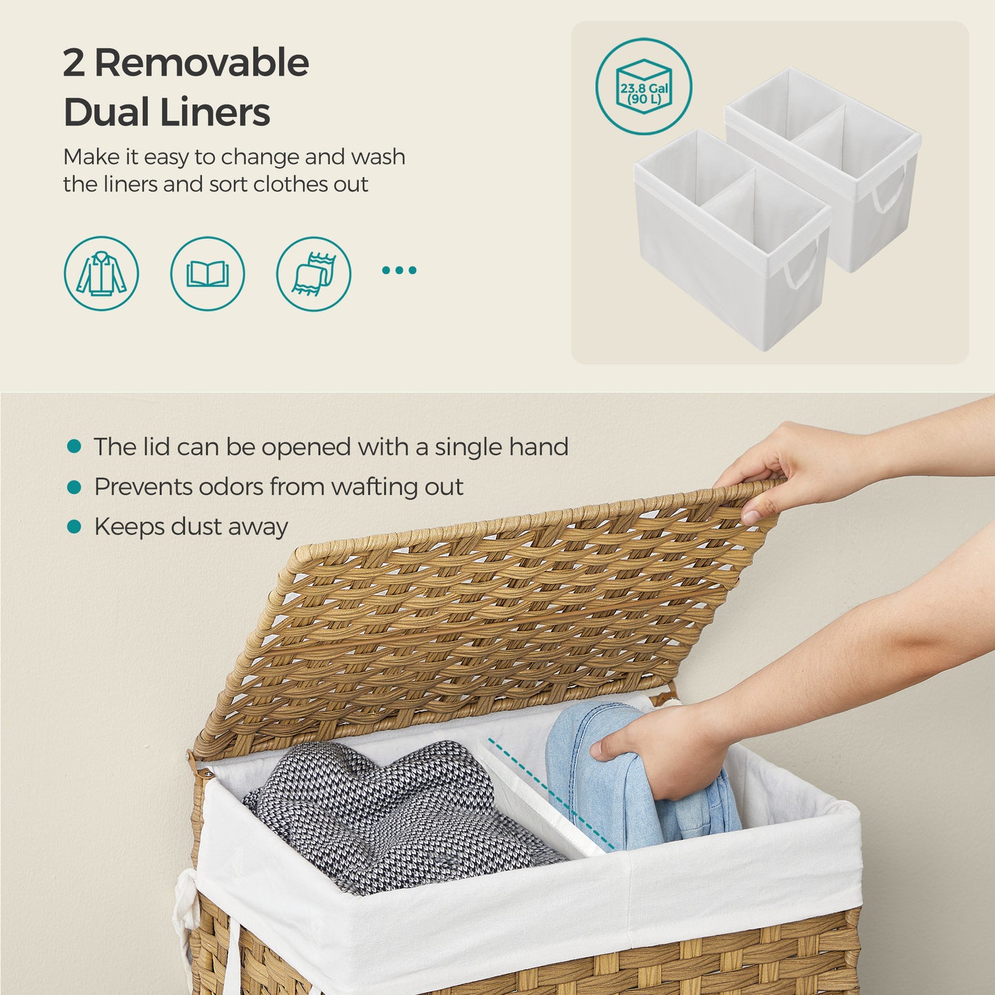 Double-Section Laundry Hamper with Lid - 90L Capacity, 2 Removable Washable Liners, 6 Mesh Bags, Steel Frame & Wicker for Bathroom, Natural