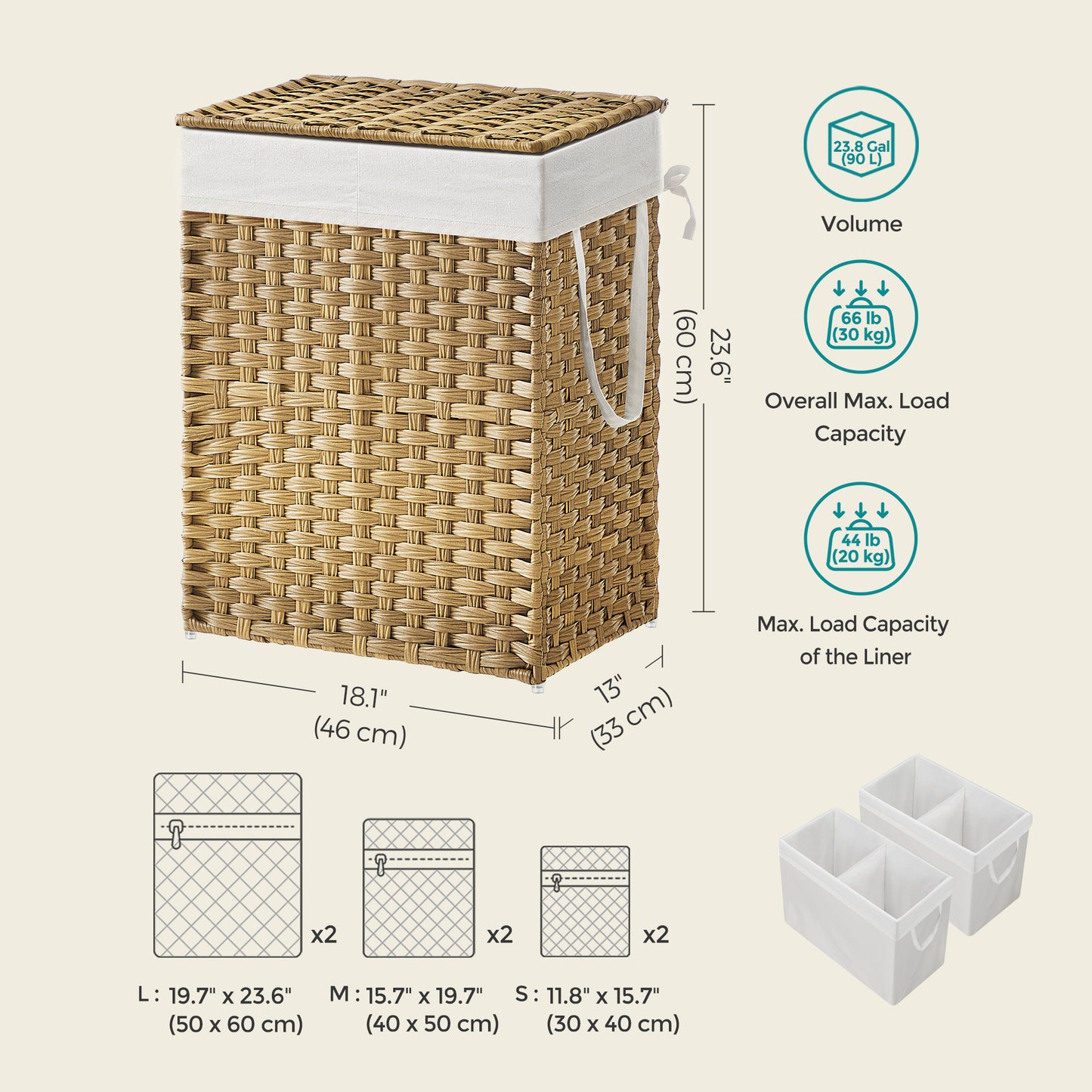 Double-Section Laundry Hamper with Lid - 90L Capacity, 2 Removable Washable Liners, 6 Mesh Bags, Steel Frame & Wicker for Bathroom, Natural