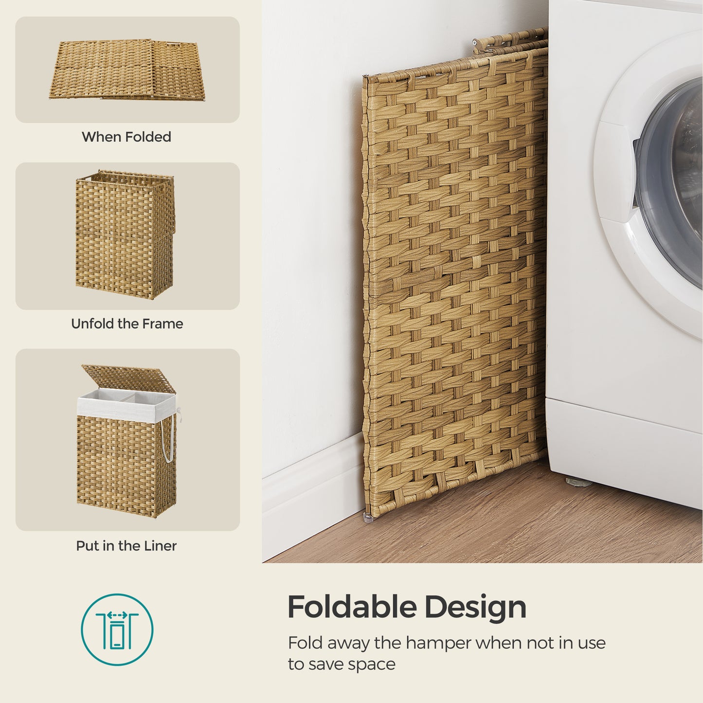 Double-Section Laundry Hamper with Lid - 90L Capacity, 2 Removable Washable Liners, 6 Mesh Bags, Steel Frame & Wicker for Bathroom, Natural