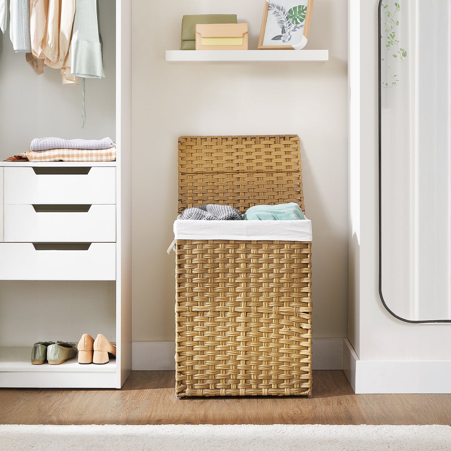 Double-Section Laundry Hamper with Lid - 90L Capacity, 2 Removable Washable Liners, 6 Mesh Bags, Steel Frame & Wicker for Bathroom, Natural