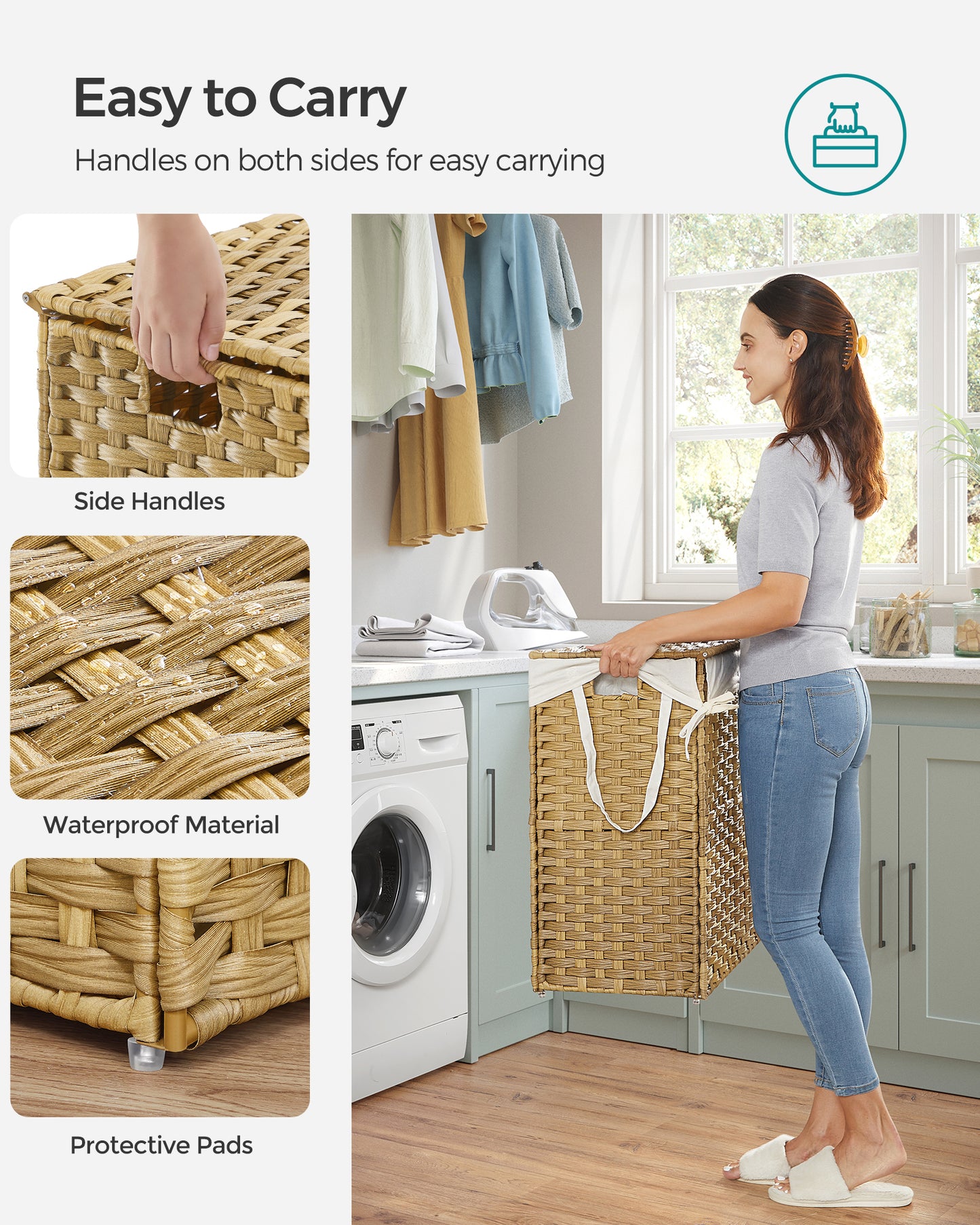 Double-Section Laundry Hamper with Lid - 90L Capacity, 2 Removable Washable Liners, 6 Mesh Bags, Steel Frame & Wicker for Bathroom, Natural