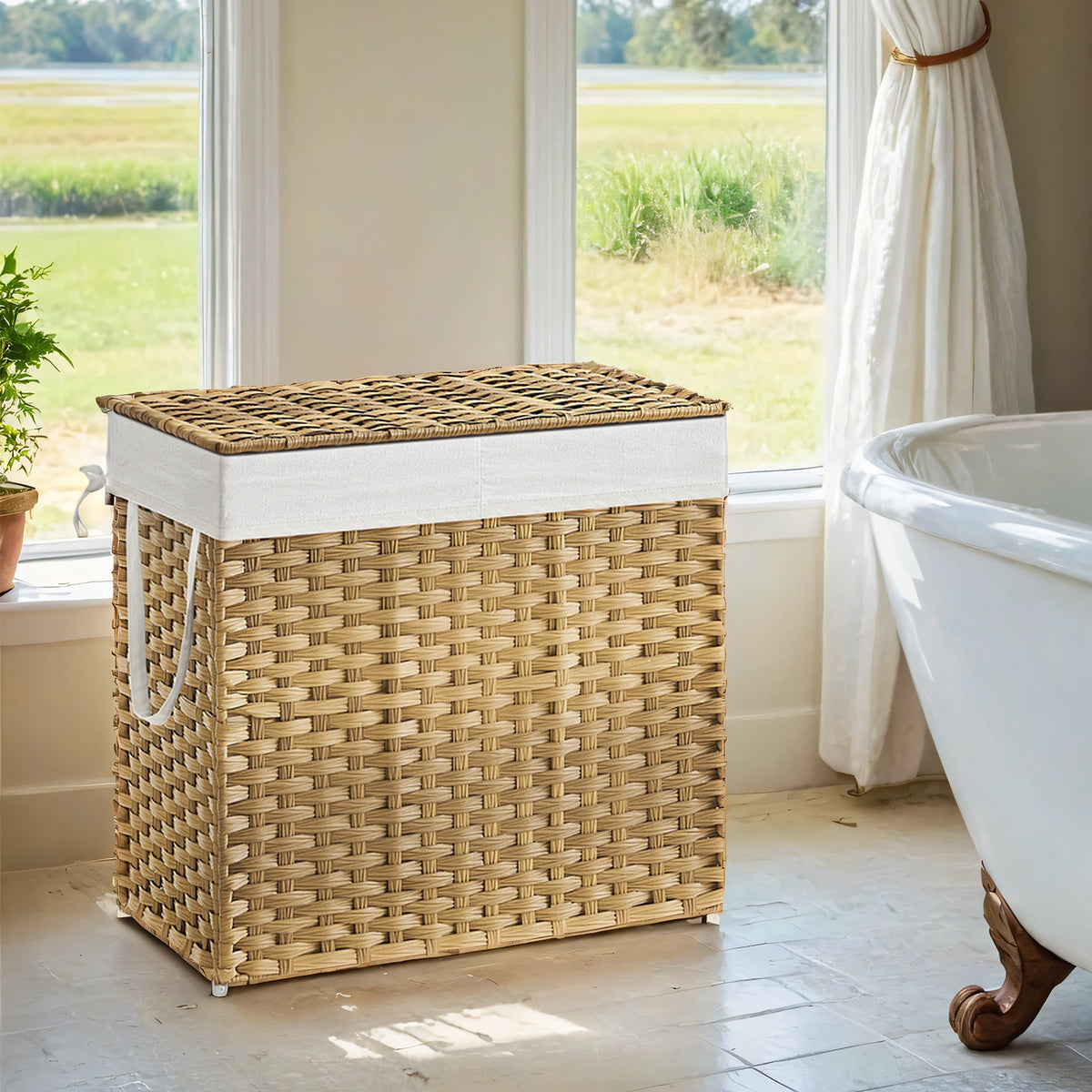 LEDREM 130 L Laundry Hamper with Lid, Clothes Hamper with 2 Removable Liner Bags, 6 Mesh Bags, Yellow and White