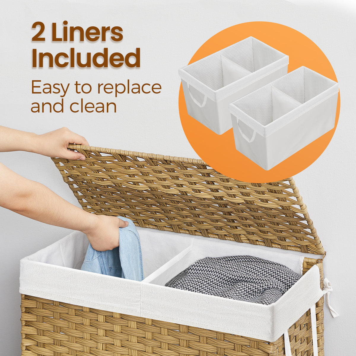 LEDREM 130 L Laundry Hamper with Lid, Clothes Hamper with 2 Removable Liner Bags, 6 Mesh Bags, Yellow and White