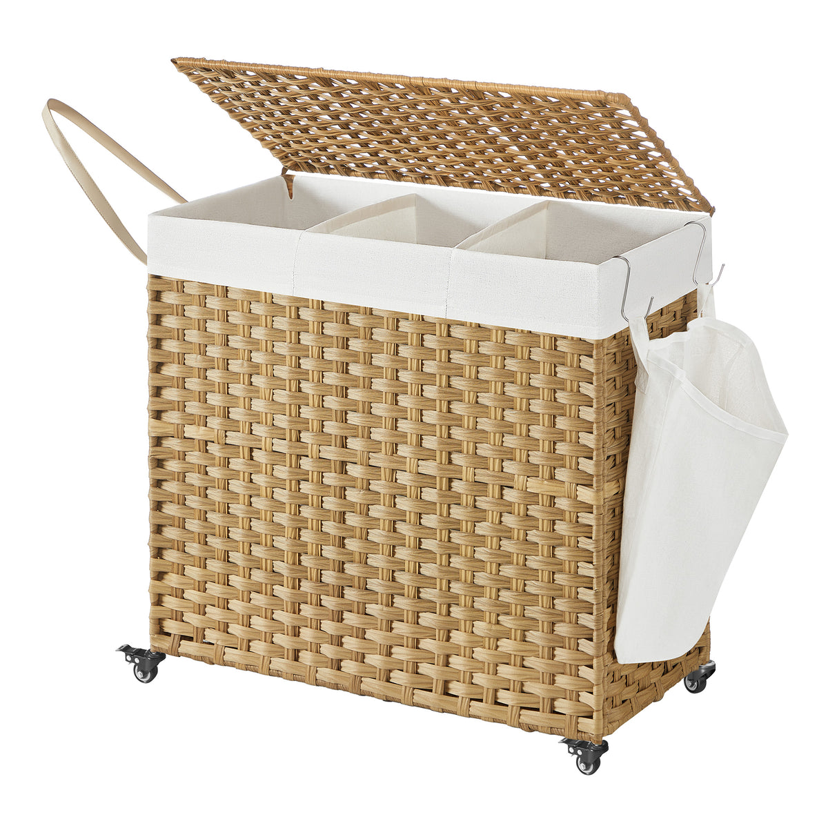 LEDREM 3 Section Laundry Hamper with Lid, Rolling Wicker Laundry Basket, 42.3 Gal., 26 x 13 x 26 Inches, Yellow and White