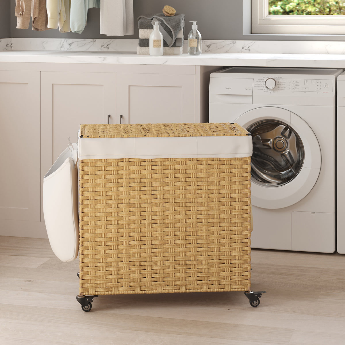 LEDREM 3 Section Laundry Hamper with Lid, Rolling Wicker Laundry Basket, 42.3 Gal., 26 x 13 x 26 Inches, Yellow and White