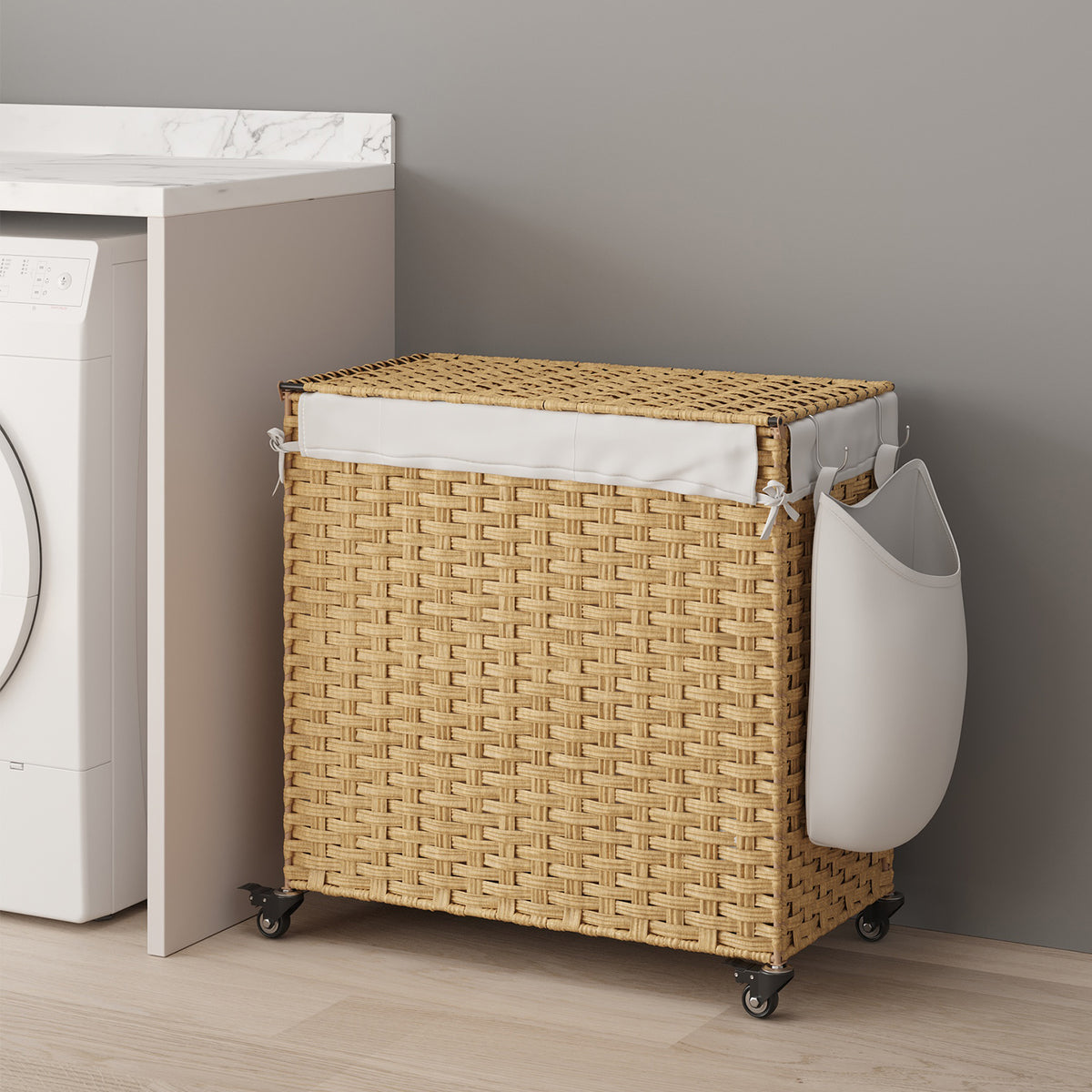 LEDREM 3 Section Laundry Hamper with Lid, Rolling Wicker Laundry Basket, 42.3 Gal., 26 x 13 x 26 Inches, Yellow and White