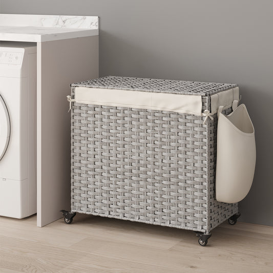 Rolling Laundry Hamper with Lid, 3-Section Divider, Large 42.3-Gallon Capacity, Removable Liner, Wheels & Handle, Bedroom Organizer, Gray
