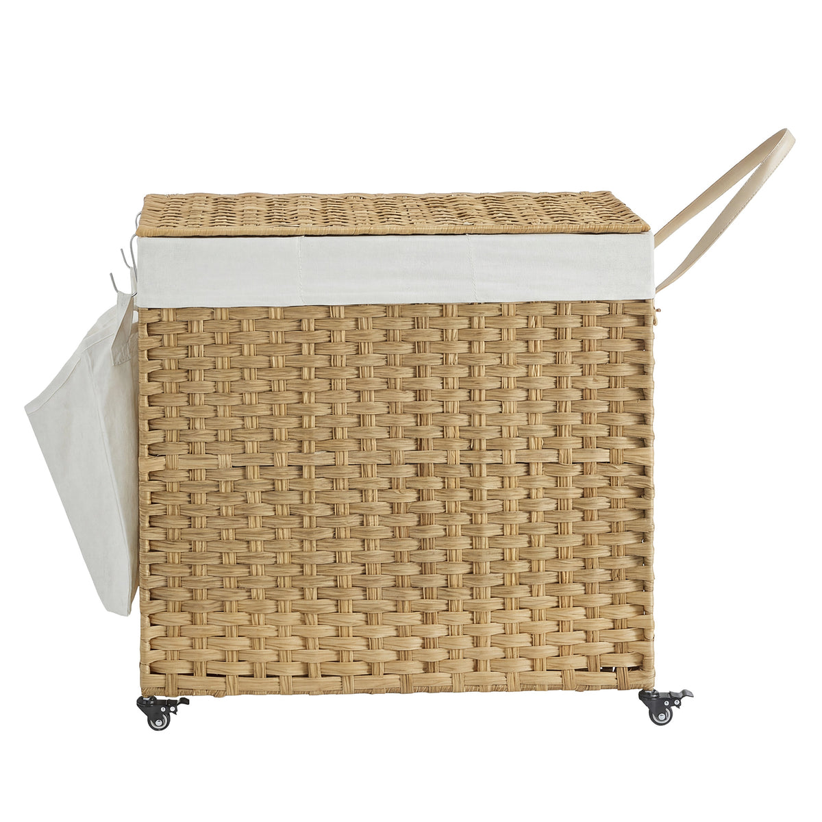 LEDREM 3 Section Laundry Hamper with Lid, Rolling Wicker Laundry Basket, 42.3 Gal., 29.9 x 13 x 26 Inches, Natural