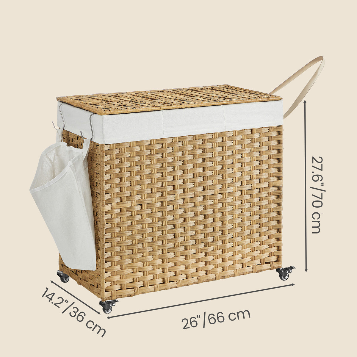 LEDREM 3 Section Laundry Hamper with Lid, Rolling Wicker Laundry Basket, 42.3 Gal., 29.9 x 13 x 26 Inches, Natural