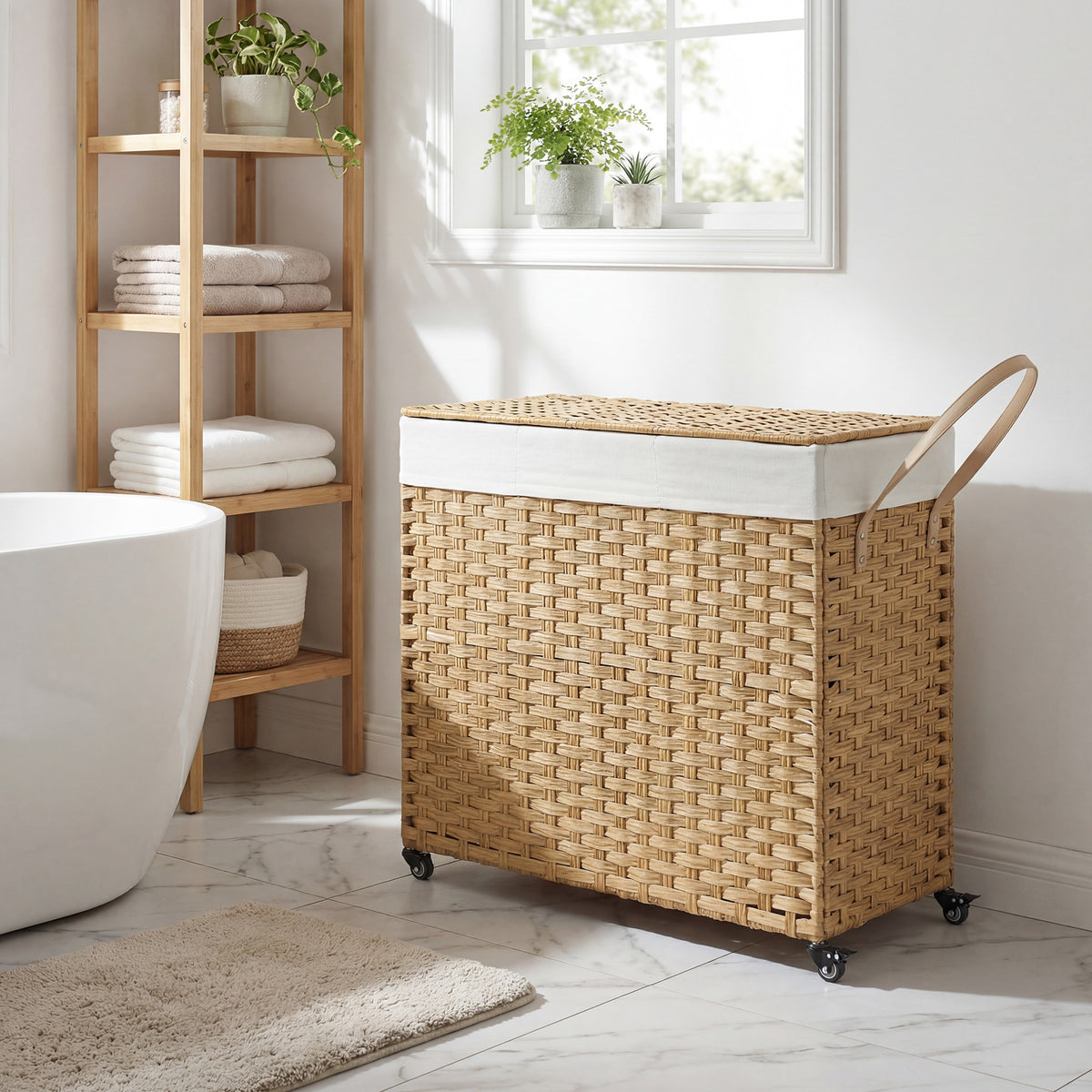 LEDREM 3 Section Laundry Hamper with Lid, Rolling Wicker Laundry Basket, 42.3 Gal., 29.9 x 13 x 26 Inches, Natural