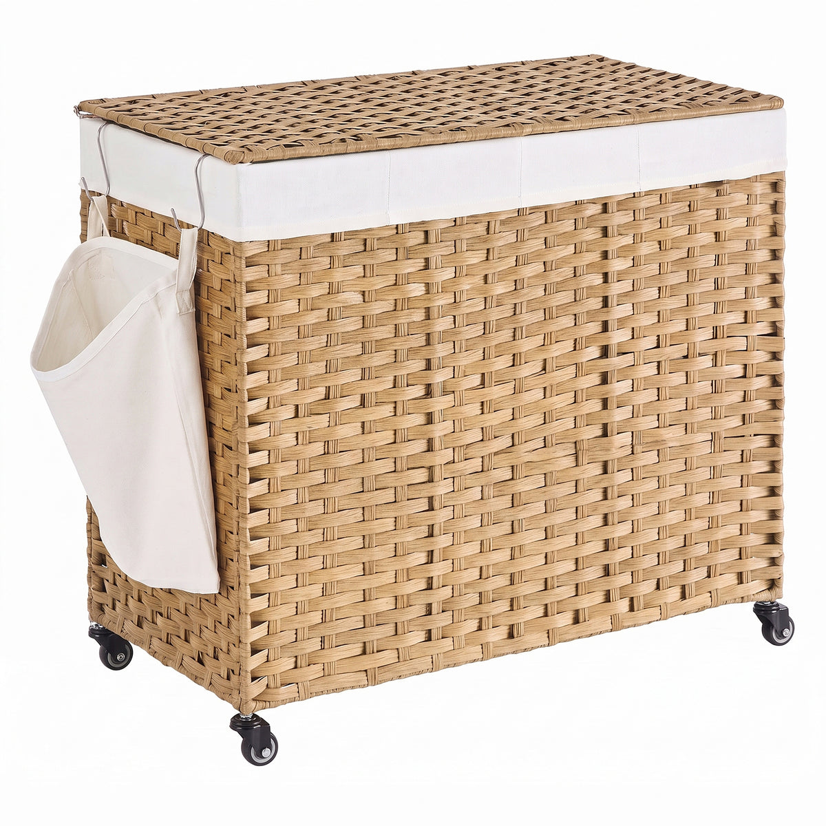 LEDREM 4-Section Rolling Laundry Basket with Lid and Wheels, 55.5 Gallons (210 L), 33.9 x 15.7 x 26 Inches, Goose Yellow and Cream White