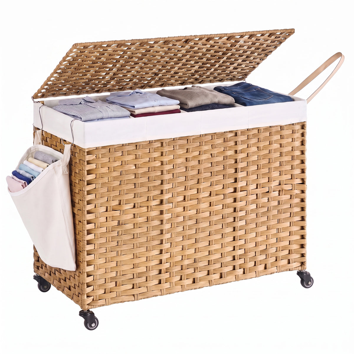 LEDREM 4-Section Rolling Laundry Basket with Lid and Wheels, 55.5 Gallons (210 L), 33.9 x 15.7 x 26 Inches, Goose Yellow and Cream White