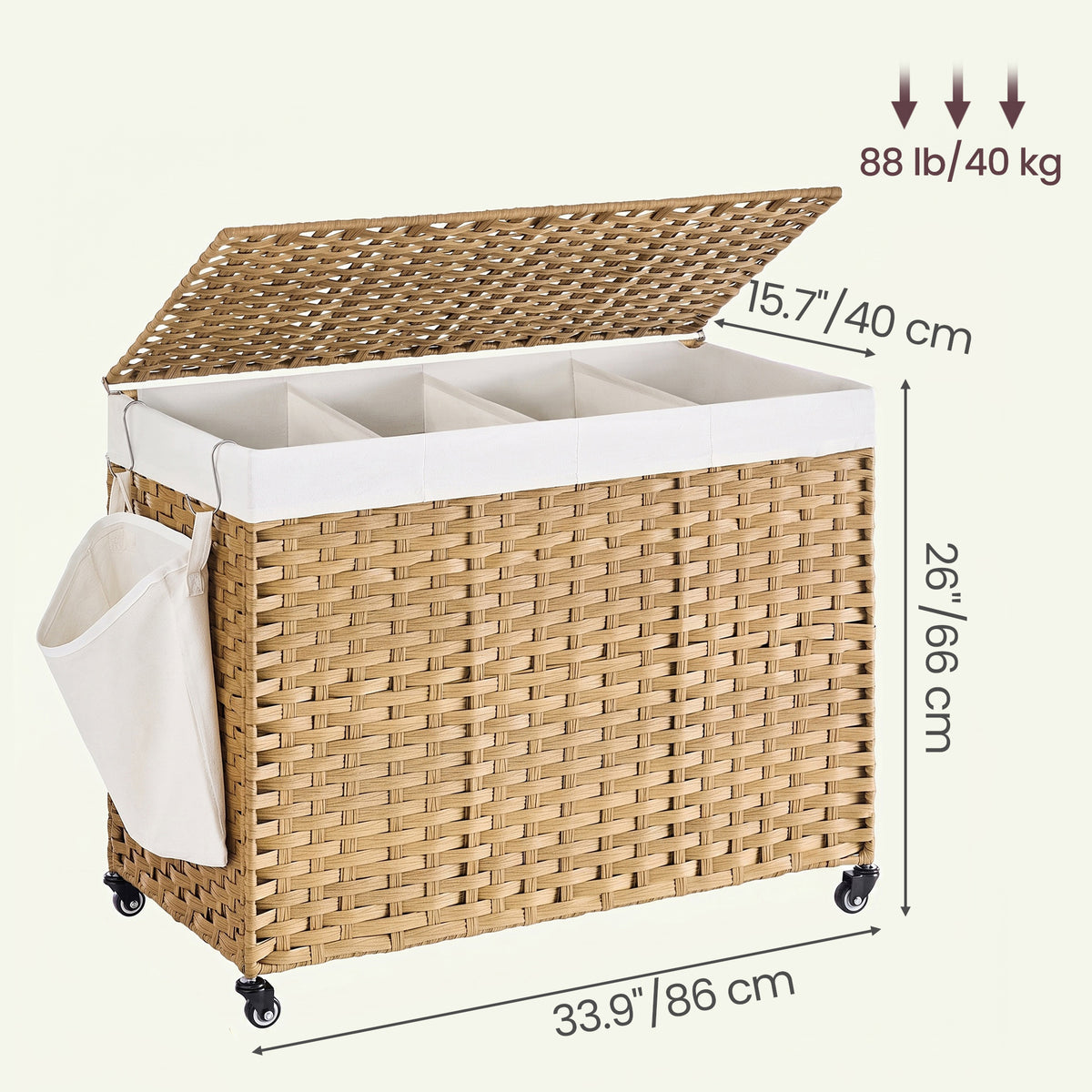 LEDREM 4-Section Rolling Laundry Basket with Lid and Wheels, 55.5 Gallons (210 L), 33.9 x 15.7 x 26 Inches, Goose Yellow and Cream White