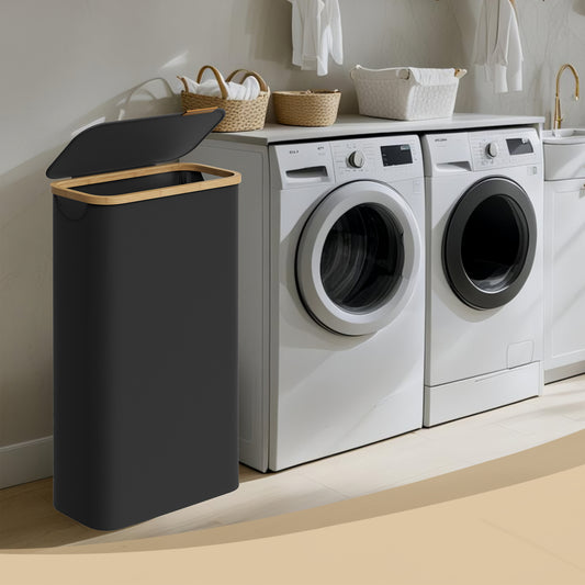 Slim Space-Saving Laundry Hamper with Removable Mesh Liner, 17.2-Gallon Capacity, Collapsible Frame & Bamboo Handles, Ink Black