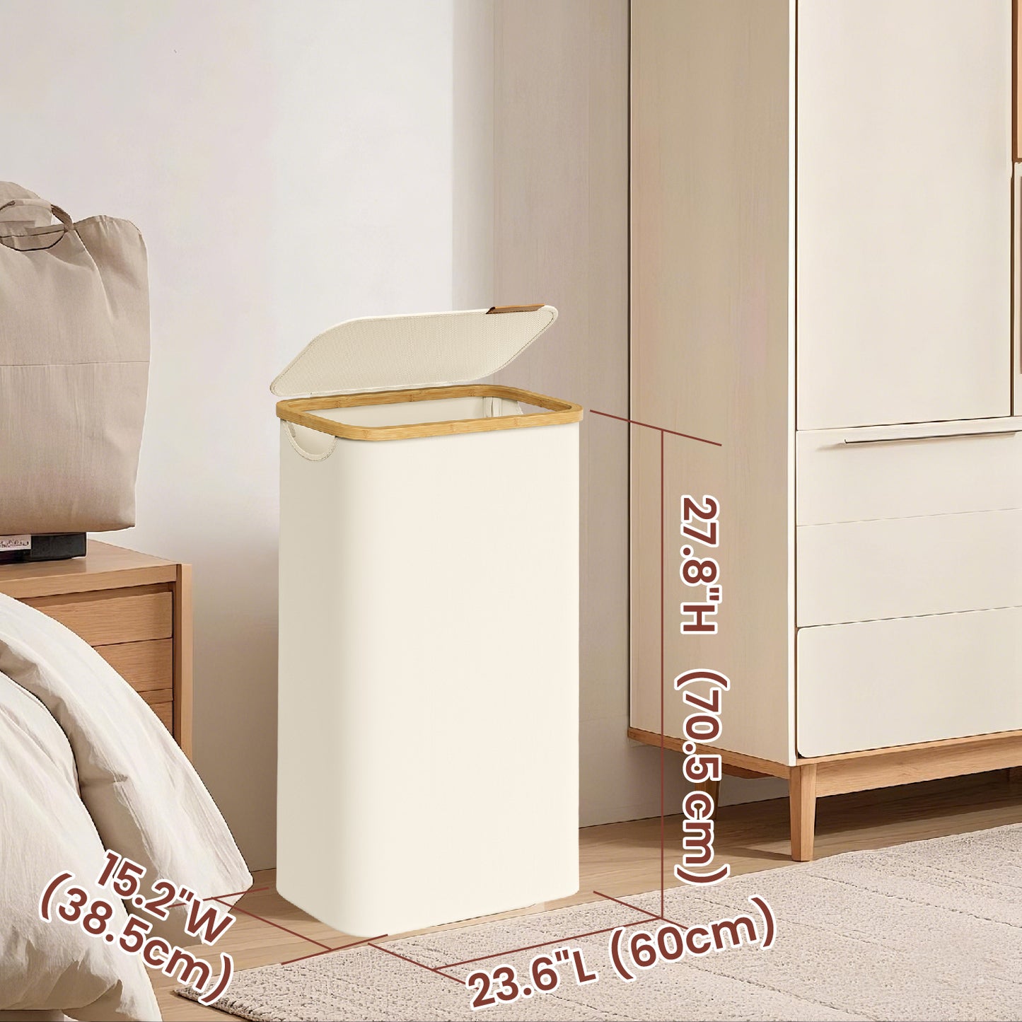 Slim Collapsible Laundry Hamper with Lid & Mesh Liner, 17.2 Gallon Space-Saving Basket, Bamboo Handles, for Small Spaces, Cream White