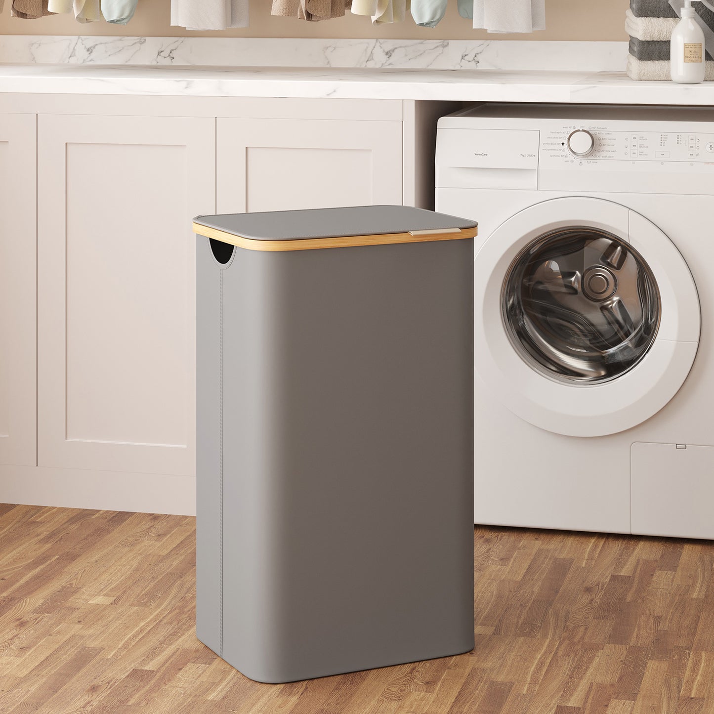Collapsible Laundry Hamper with Removable Mesh Liner, 23.8-Gallon Capacity, Faux Leather Handled Lid, Oxford Fabric, Dove Gray