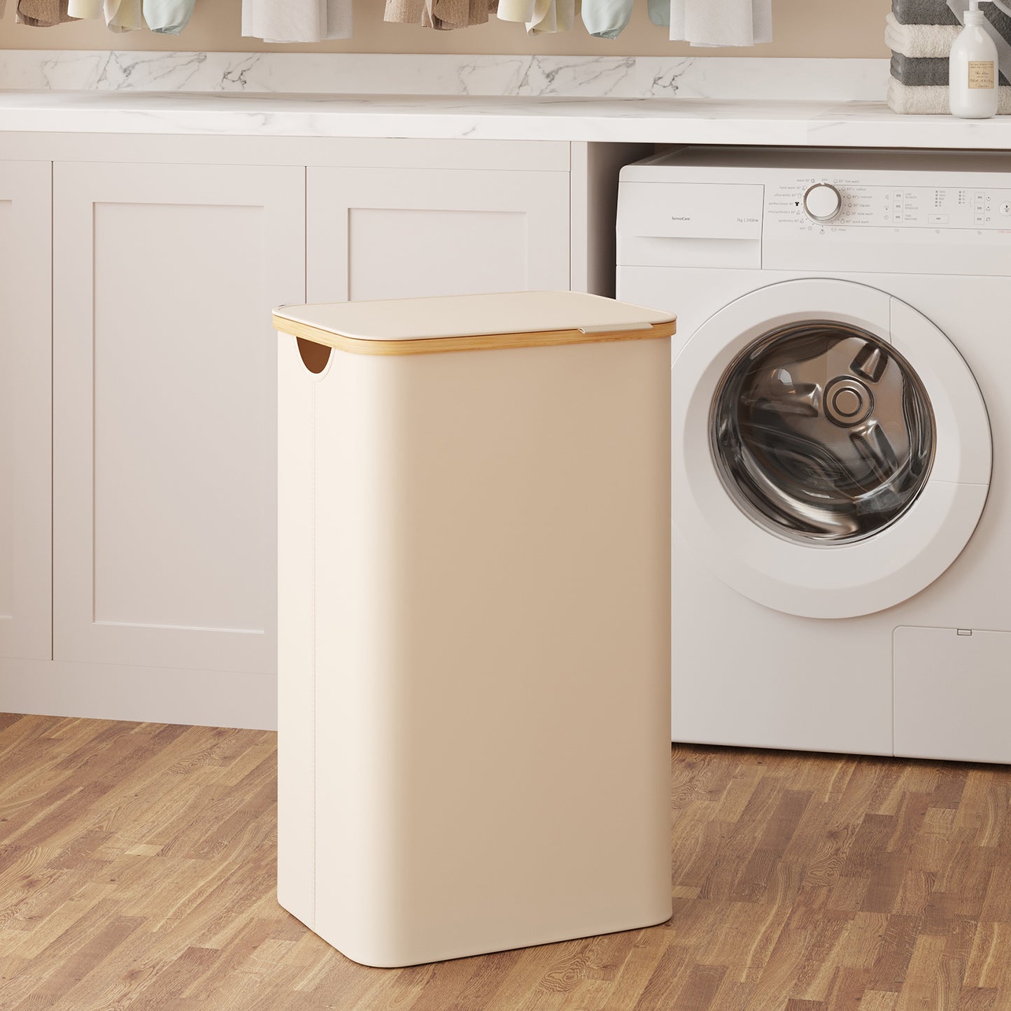 Collapsible Laundry Hamper with Removable Mesh Liner, 23.8-Gallon Capacity, Faux Leather Handled Lid, Oxford Fabric, Cream White