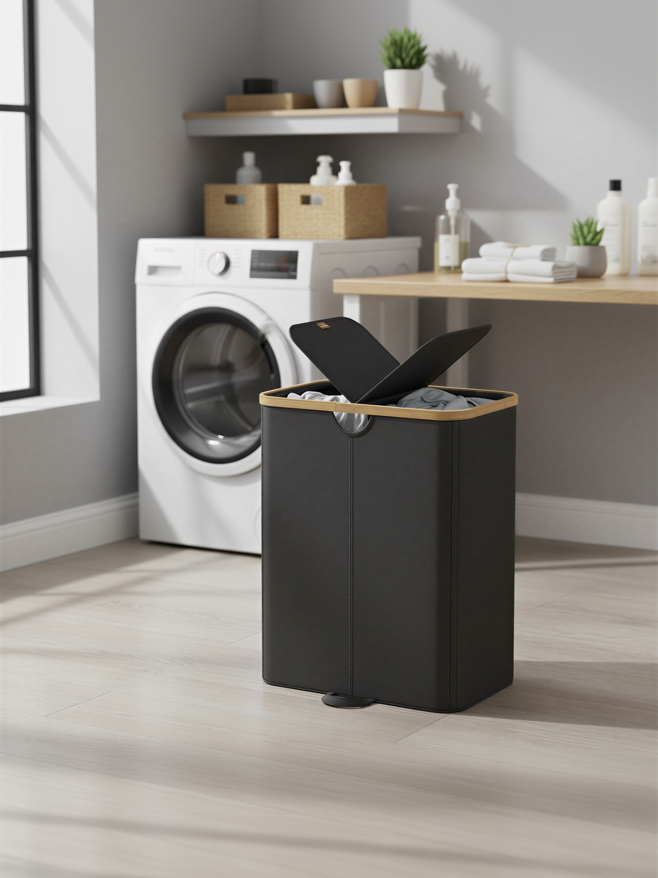 39 Gallon Dual Compartment Laundry Hamper with Removable Liners, 2 Lid Laundry Basket for Bedroom and Living Room, Ink Black and Light Bamboo