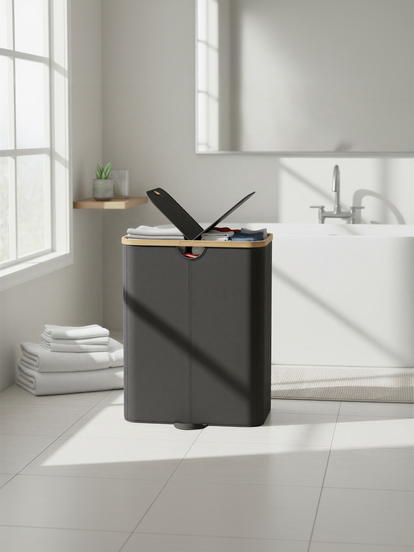 39 Gallon Dual Compartment Laundry Hamper with Removable Liners, 2 Lid Laundry Basket for Bedroom and Living Room, Ink Black and Light Bamboo