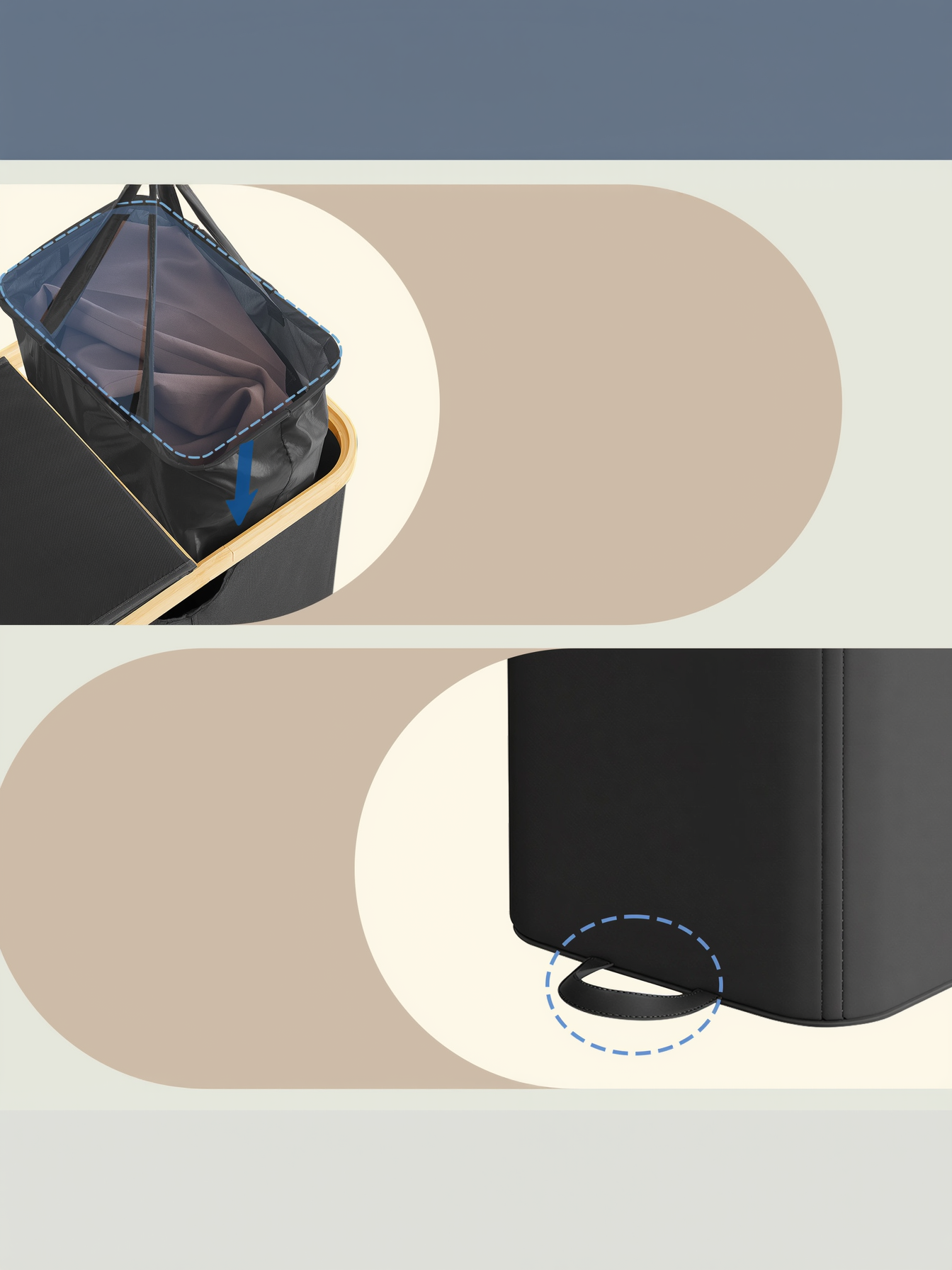 39 Gallon Dual Compartment Laundry Hamper with Removable Liners, 2 Lid Laundry Basket for Bedroom and Living Room, Ink Black and Light Bamboo