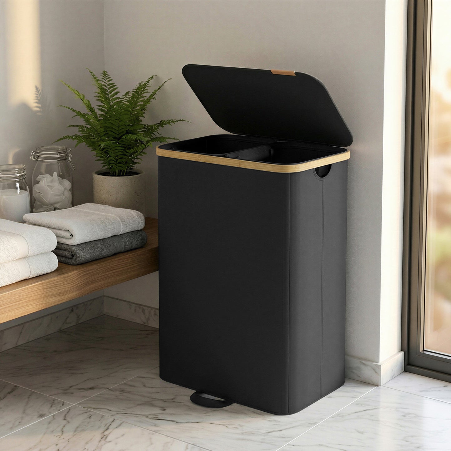Laundry Hamper with Lid, 2-Section Sorter Basket, Removable Liners, Bamboo Frame, 39.6 Gal Storage for Bedroom, Ink Black