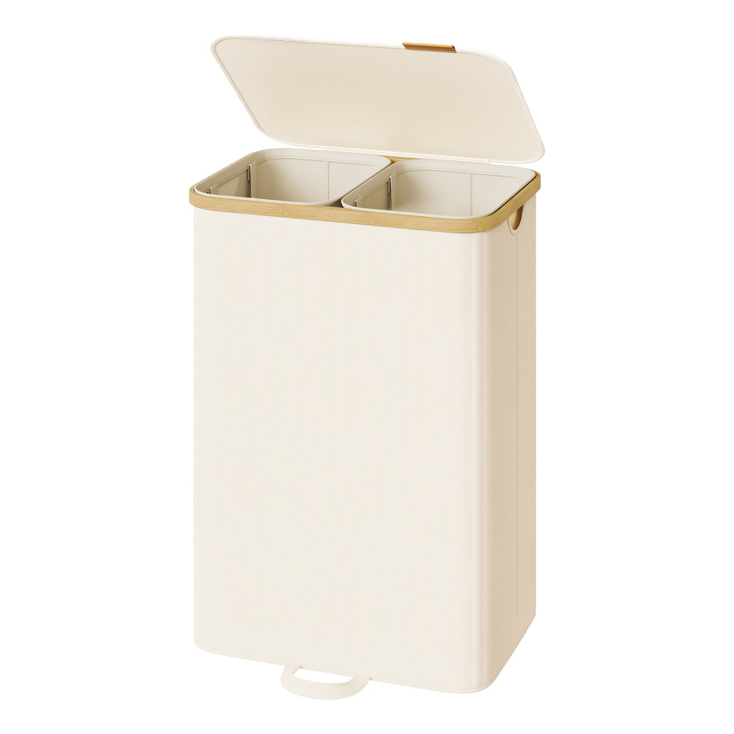 Laundry Hamper with Lid, 2-Section Sorter Basket, Removable Liners, Bamboo Frame, 39.6 Gal Storage for Bedroom, Cream White