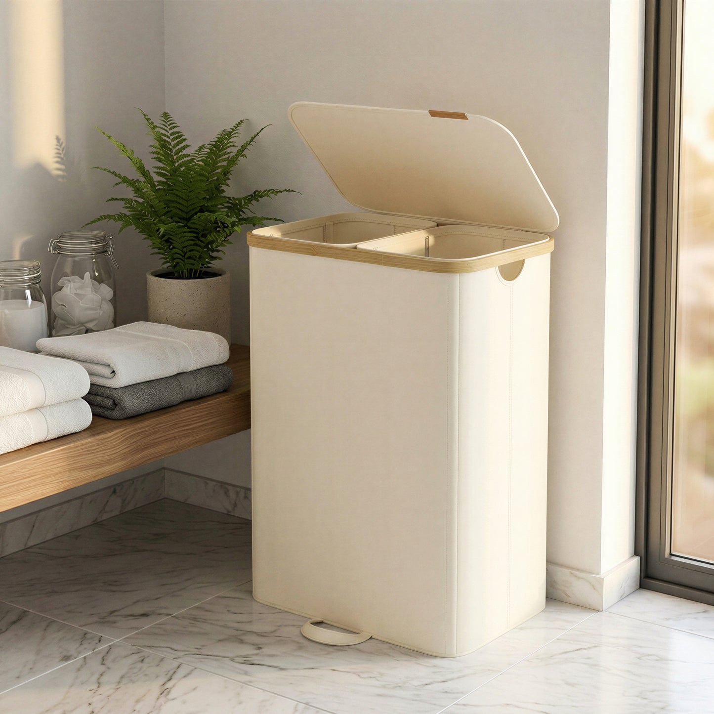 Laundry Hamper with Lid, 2-Section Sorter Basket, Removable Liners, Bamboo Frame, 39.6 Gal Storage for Bedroom, Cream White