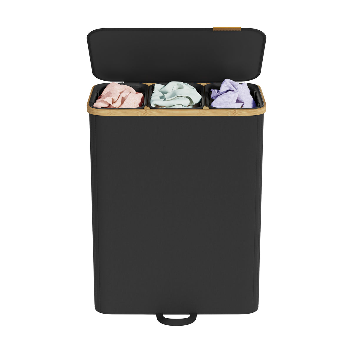 Laundry Hamper with Lid, 3-Section Sorter Basket, Removable Liners, Bamboo Frame, 44.9 Gal Storage for Bedroom, Ink Black