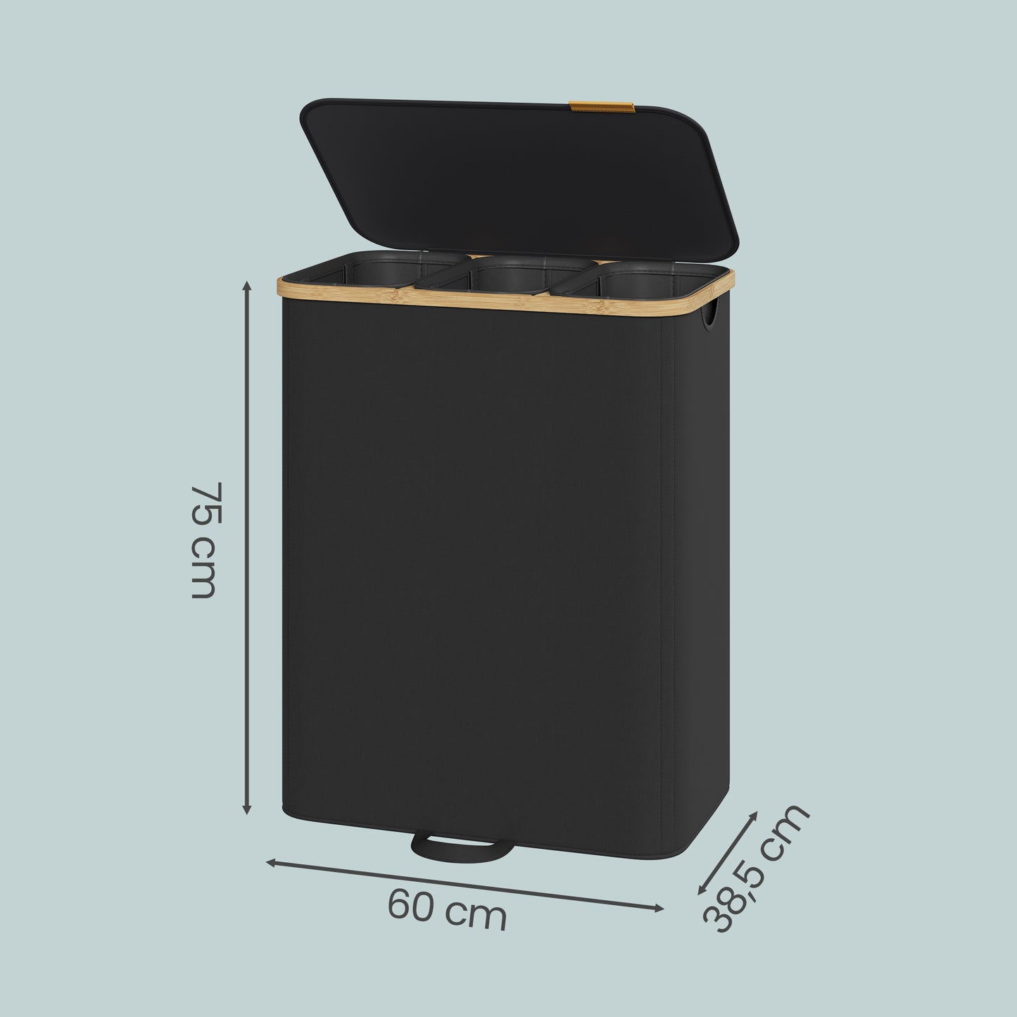 Laundry Hamper with Lid, 3-Section Sorter Basket, Removable Liners, Bamboo Frame, 44.9 Gal Storage for Bedroom, Ink Black