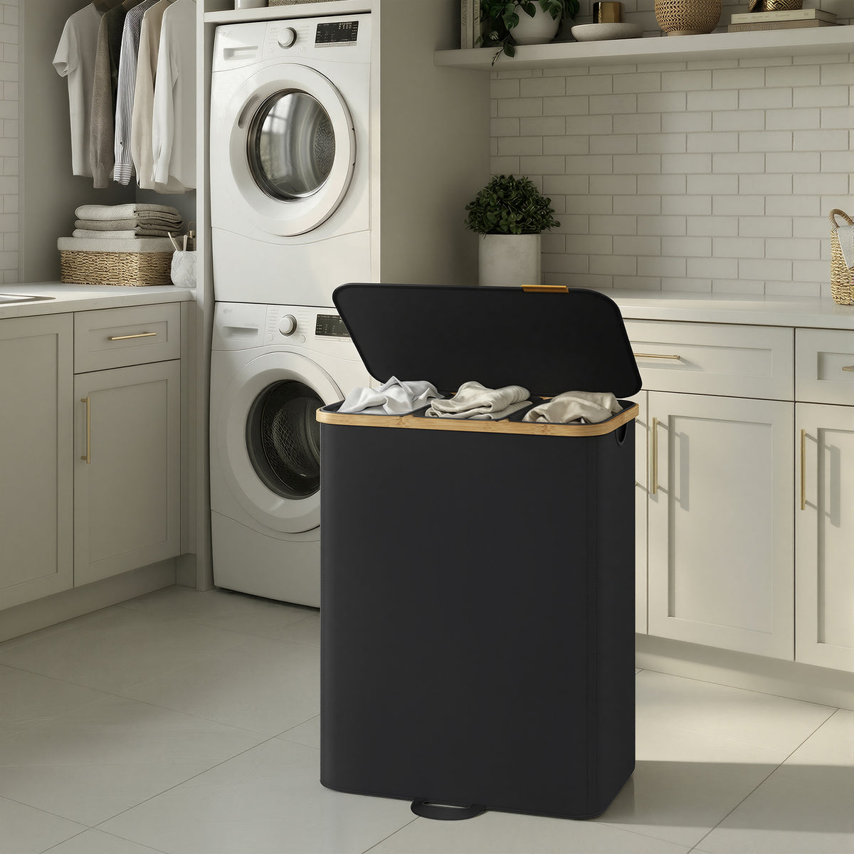 Laundry Hamper with Lid, 3-Section Sorter Basket, Removable Liners, Bamboo Frame, 44.9 Gal Storage for Bedroom, Ink Black