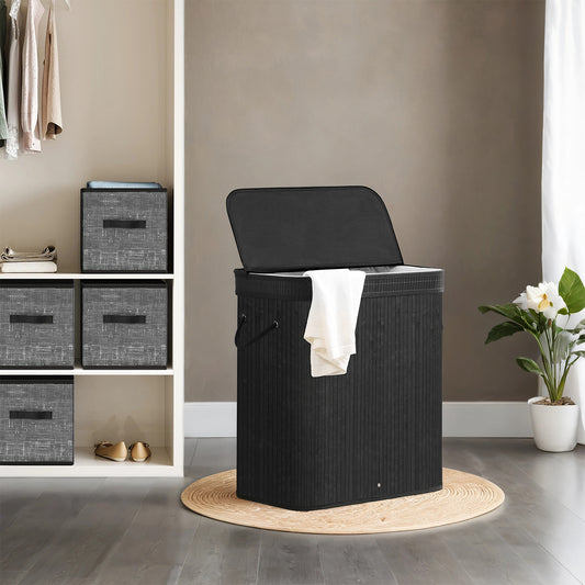 Foldable Bamboo Laundry Hamper with Removable Washable Liner, 26.4-Gallon Capacity, Metal Frame & Handles, for Bedroom，Bathroom, Ink Black