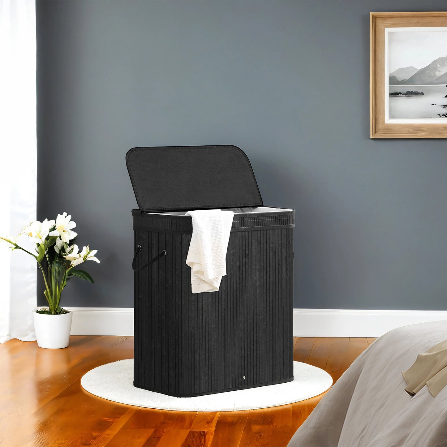 Foldable Bamboo Laundry Hamper with Removable Washable Liner, 26.4-Gallon Capacity, Metal Frame & Handles, for Bedroom，Bathroom, Ink Black