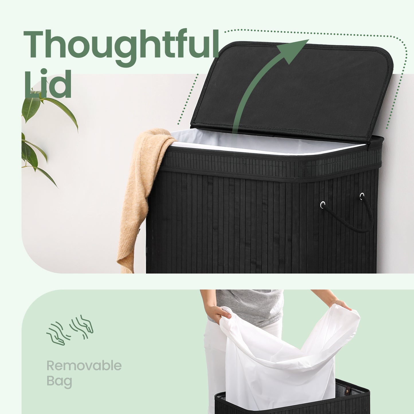 Foldable Bamboo Laundry Hamper with Removable Washable Liner, 26.4-Gallon Capacity, Metal Frame & Handles, for Bedroom，Bathroom, Ink Black