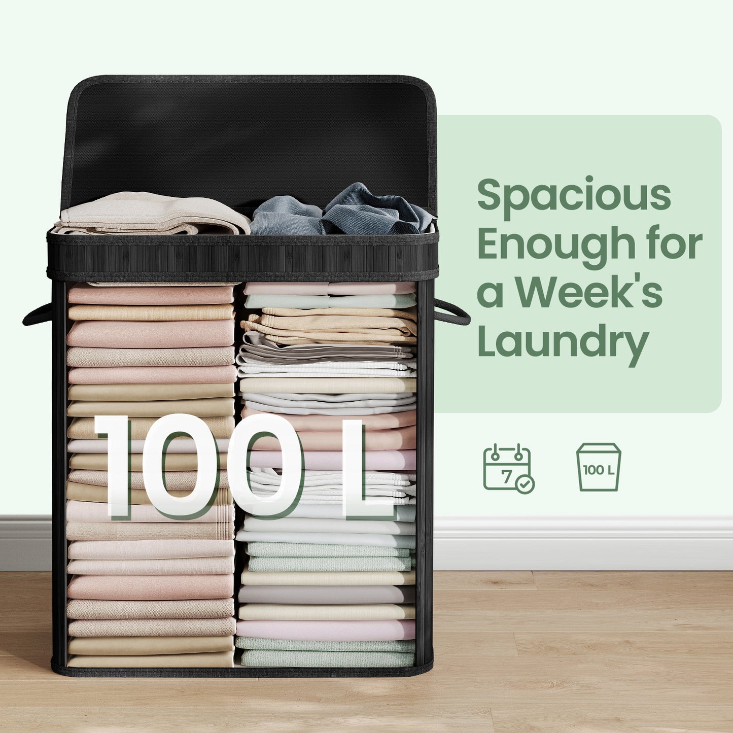 Foldable Bamboo Laundry Hamper with Removable Washable Liner, 26.4-Gallon Capacity, Metal Frame & Handles, for Bedroom，Bathroom, Ink Black