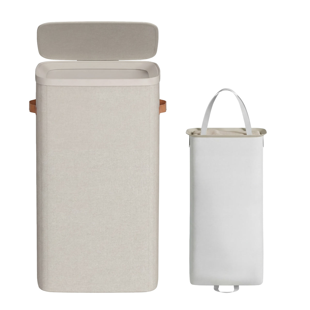 Dual-Compartment Laundry Basket with Lid, Handles and Removable Liners, Easy-Assembly Laundry Hamper, Beige