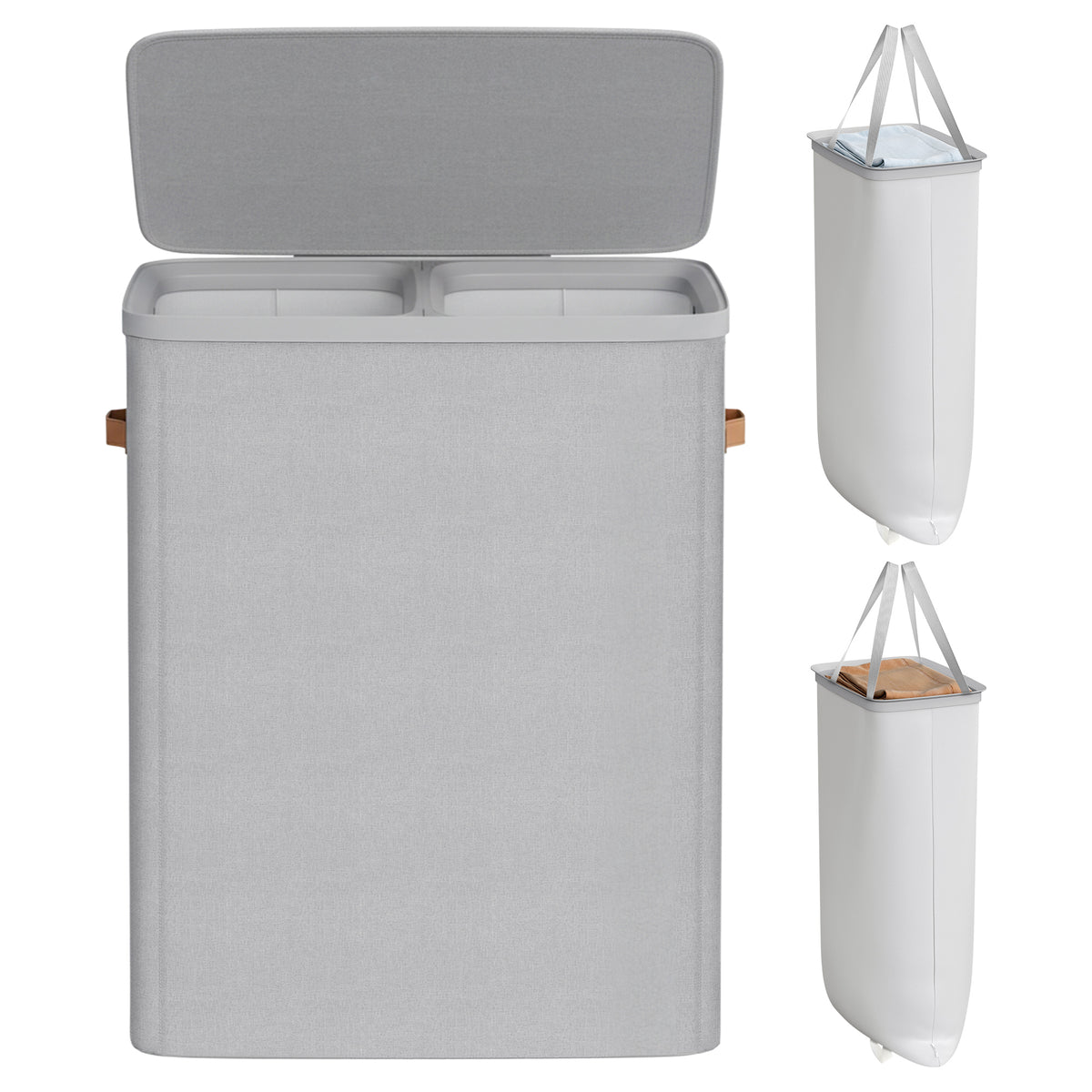 LEDREM Laundry Basket, 44.9 Gal. Laundry Hamper, 2 Sections, Easy Assembly, with Lid and Handles, Removable Inner Bags, 22 x 15.7 x 29.5 Inches, Gray